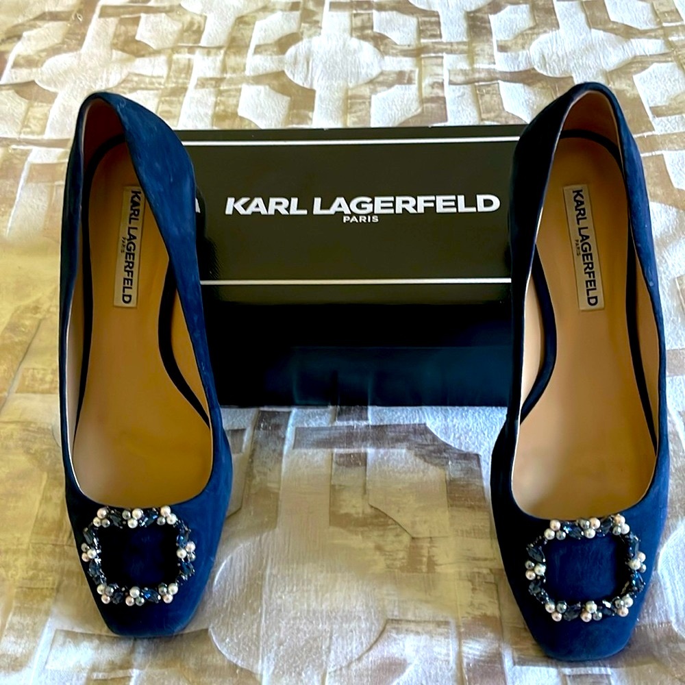 Jeweled Karl Lagerfeld Blue Suede Pumps